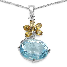 Blue Topaz & Citrine Flower Sterling Silver Pendant Necklace