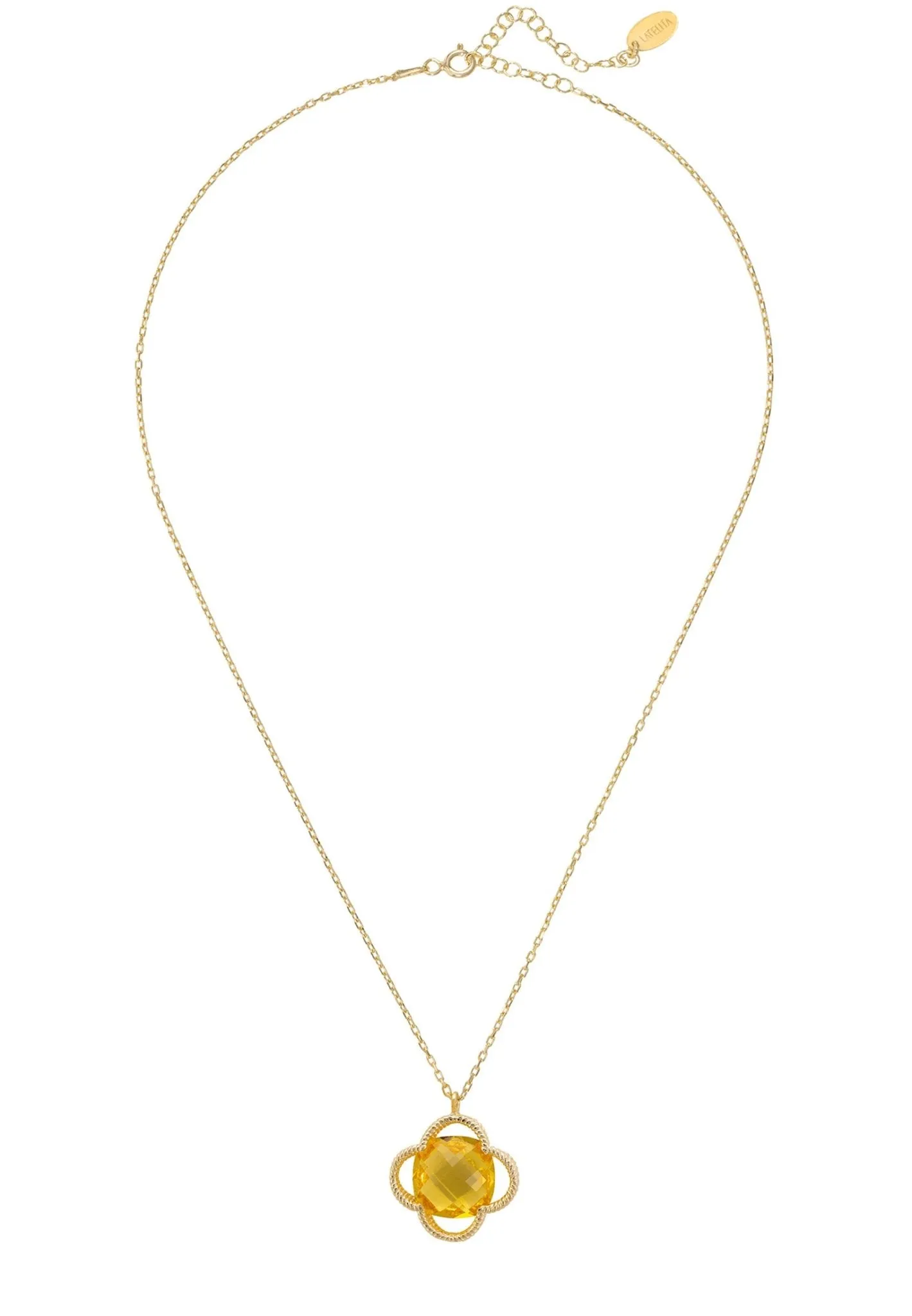 Open Clover Flower Gemstone Necklace Gold Citrine