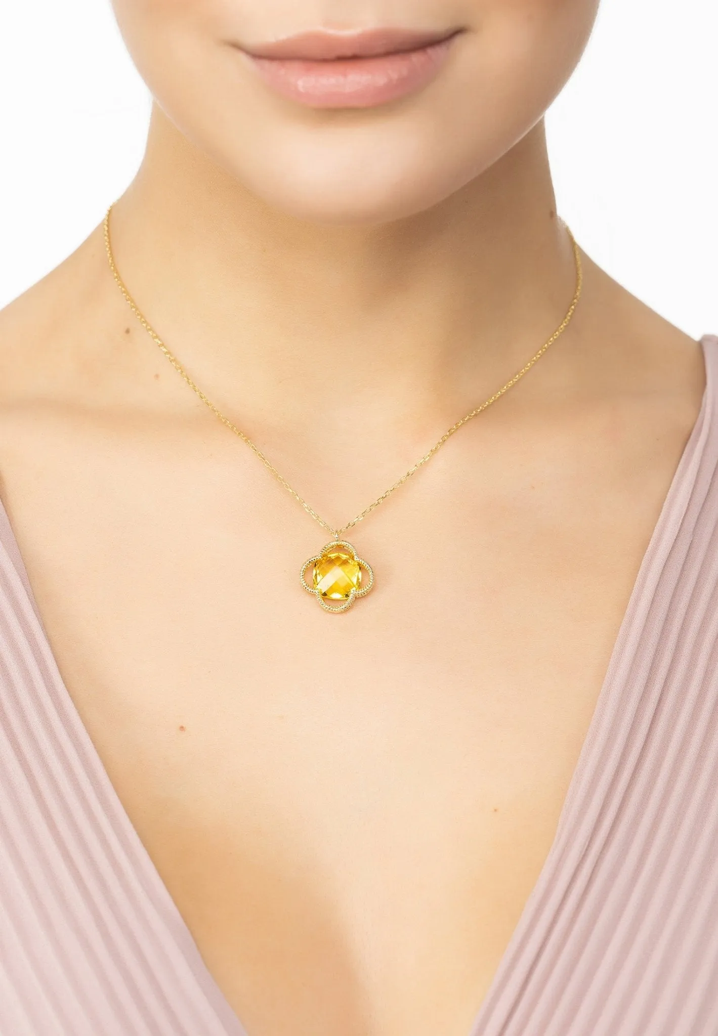 Open Clover Flower Gemstone Necklace Gold Citrine