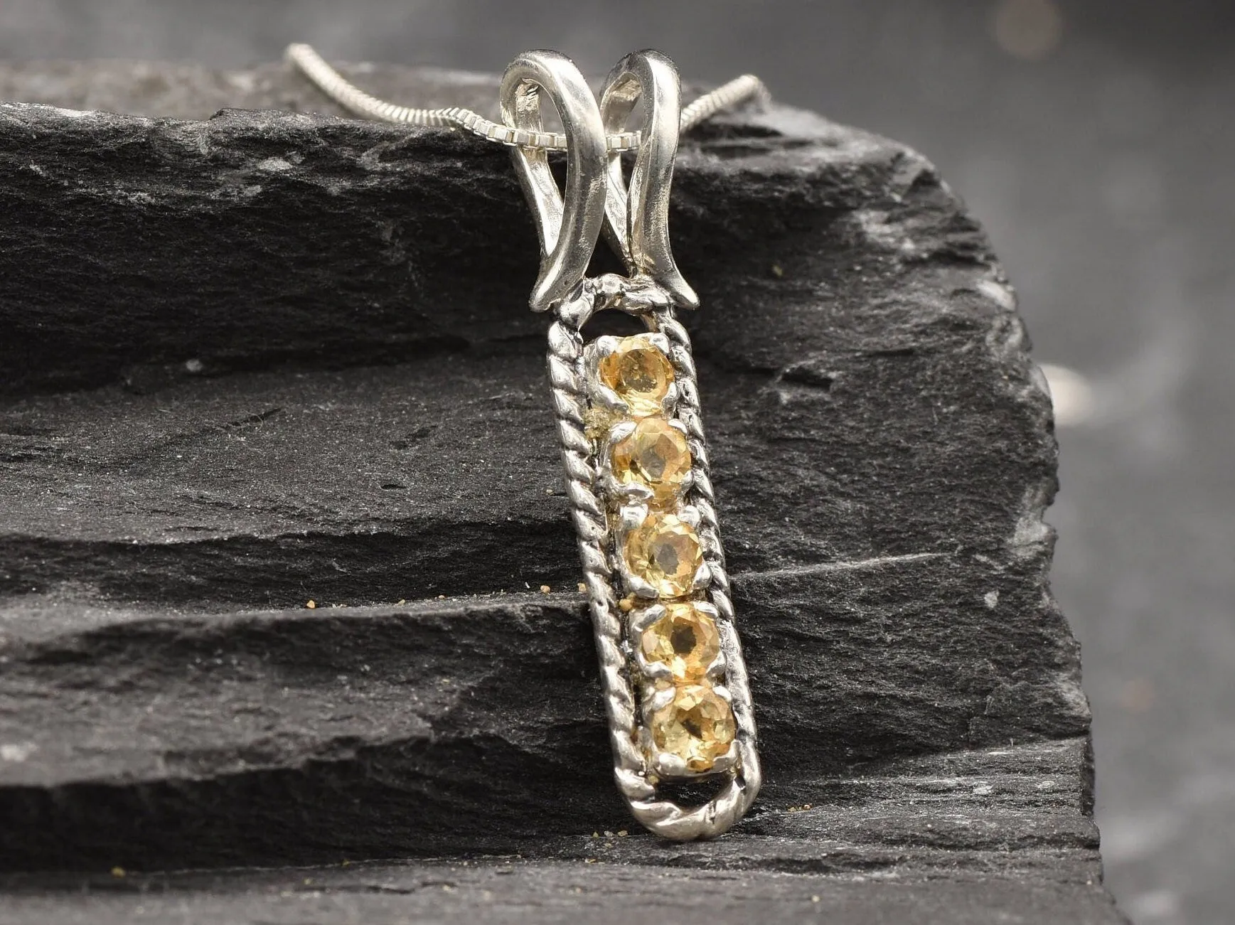 Vertical Citrine Pendant - Yellow Vintage Necklace - November Birthstone Necklace